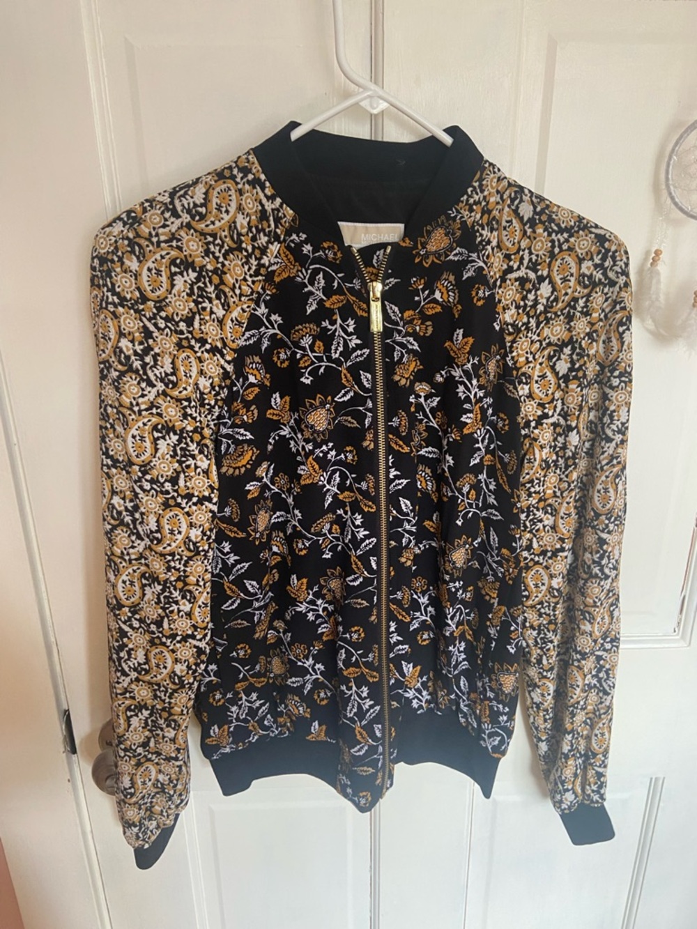 Michael Kors Black Floral & Gold Paisley Bomber Jacket